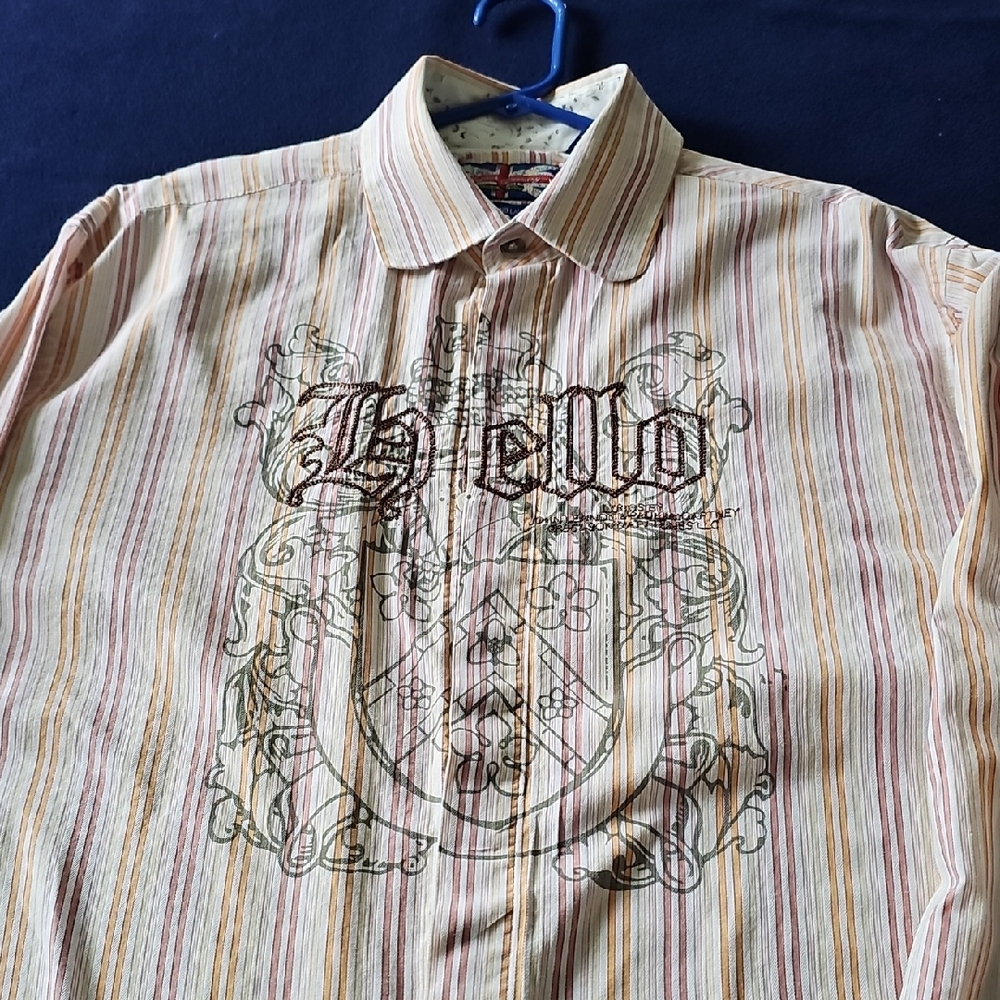 English Laundry Beige and Pink Striped Button-Down Shirt with Crest Graphic